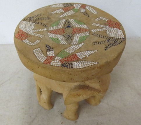 lot 37 image: Vintage Hand Carved & Inlaid Mosaic Bead Elephant Footstool