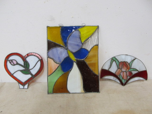 lot 67 image: 3 Genuine Stained Glass Wall Hangings