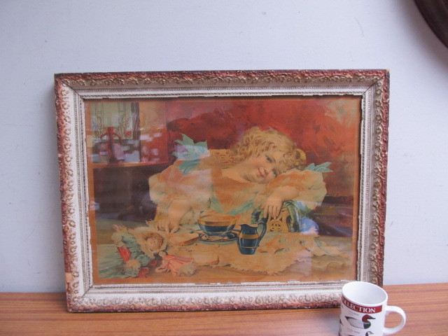 lot 215 image: Antique Girl wDoll Framed Litho