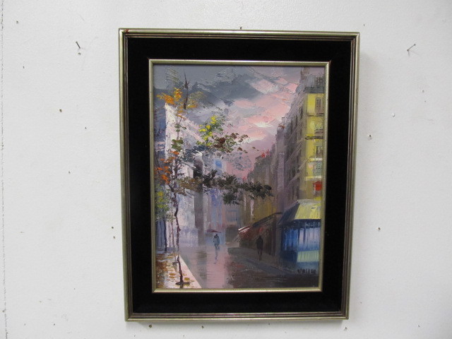 lot 203 image: Vintage Framed Signed Oil on Canvas City Scene Painting