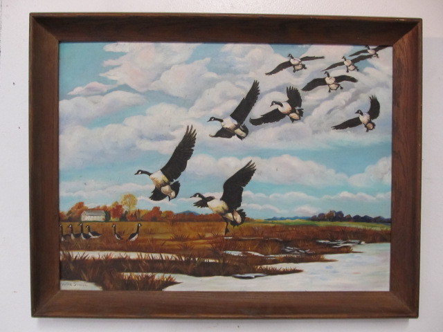 lot 233 image: 2 Vintage Signed Oil Paintings Flying Geese & Still Life
