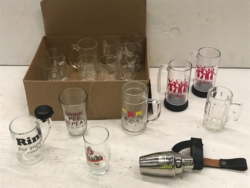 Box Of Assorted Glass Beer Mugs, Cups, Etc