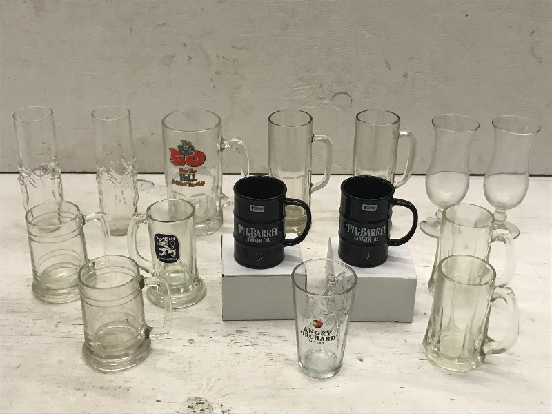 Box Of Assorted Glass Beer Mugs, Cups, Etc