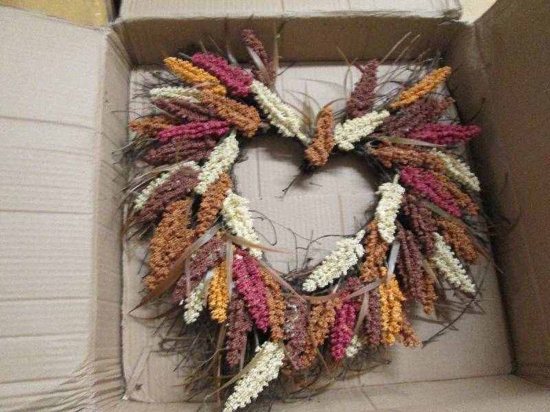 lot 136 image: Fall Heart Wreath open box Retail $...