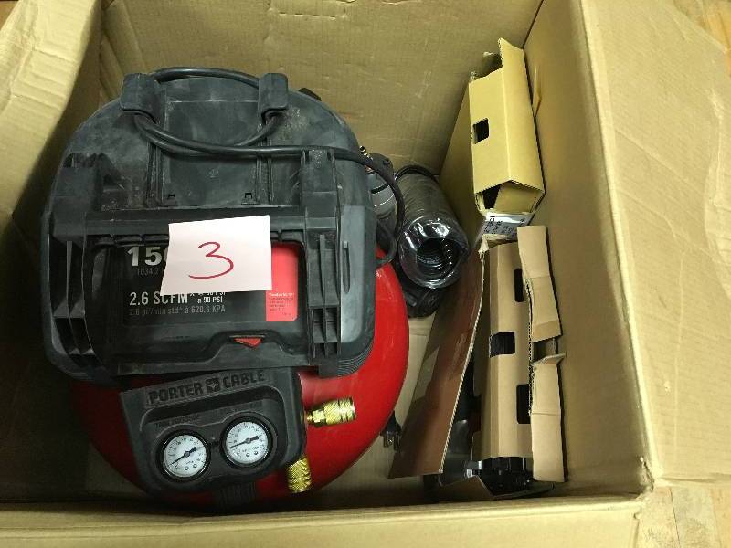 lot 3 image: Porter-Cable 6 Gal. 150 PSI Portable Electric Air Compressor, 16-Gauge Nailer, 18-Gauge Nailer and 38 in. Stapler Combo Kit in good working condition