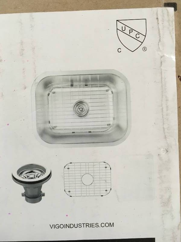 lot 8 image: Vigo VG2318K1 23 Single Basin Undermount Kitchen Sink with Basin Rack, Basket Strainer, and Cutting Board not used