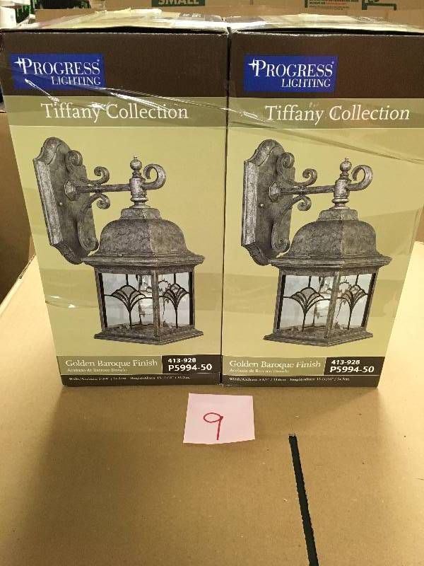 lot 9 image: LOT OF TWO Progress Lighting P5994-50 1-Light Wall Bracket with Water Patterned Glass and Faux Tiffany Art Glass Accents, Golden Baroque new