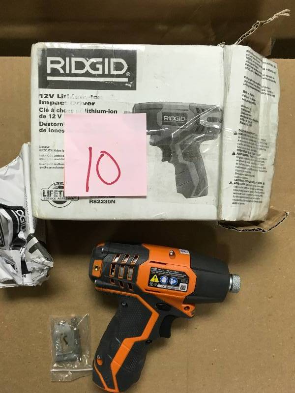lot 10 image: Ridgid R82230N 14 Inch 12 Volt Lithium Ion 1,100 In. Lbs. Impact Driver (Battery Not Included, Power Tool Only) in good working condition