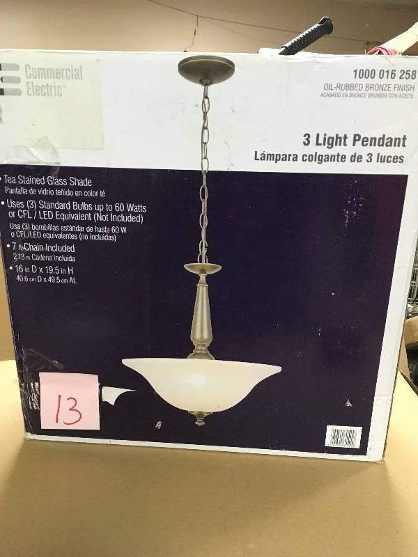 lot 13 image: Commercial Electric 3-Light Oil Rubbed Bronze Pendant with Tea-Stained Glass Shade