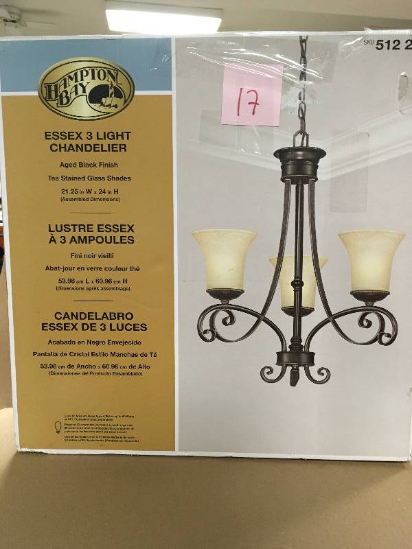 lot 17 image: Essex 3 Light Aged Black Chandelier With Tea Stained Glass Shades Hampton Bay new