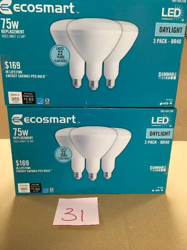 lot 31 image: EcoSmart 75W Daylight BR40 Dimmable LED Light Bulb BUNDLE 2 (3-Pack) 6 BULBS new