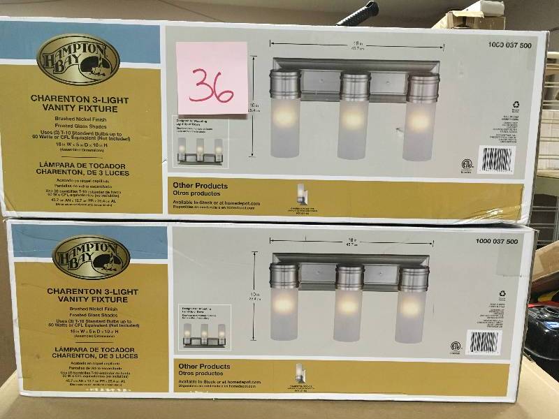 lot 36 image: LOT OF 2 HAMPTON BAY CHARENTON 3-LIGHT VANITY FIXTURE BRUSHED NICKEL new