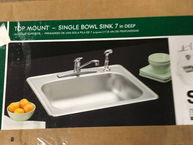 lot 41 image: Elkay Neptune Top Mount Stainless Steel 25x22x7 Sink Set All in 1 Single Bowl  not used