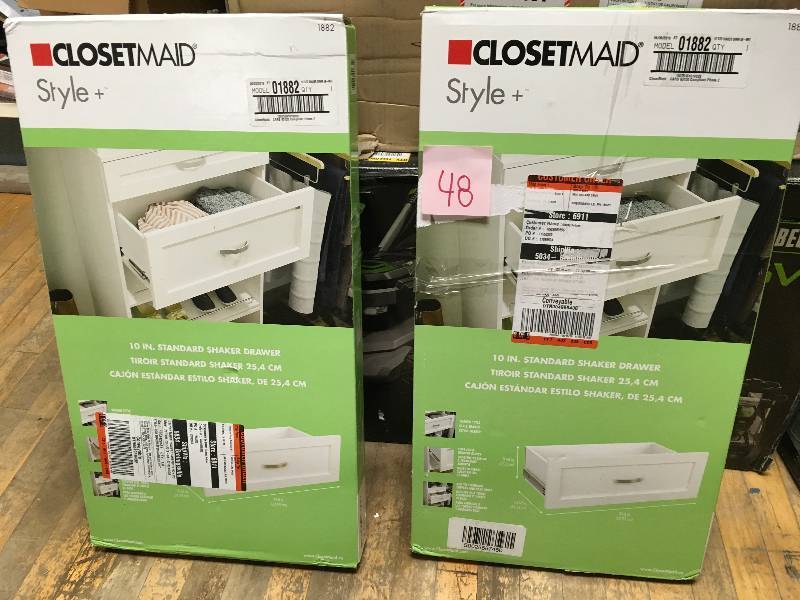 lot 48 image: LOT OF 2 ClosetMaid 1882 1025 White Melamine Shaker Drawer Kit for 25 W Closet System not used