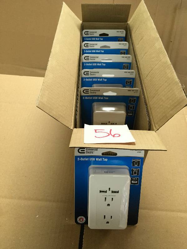 lot 56 image: Commercial Electric 4.2 Amp 2-Outlet 2-USB Wall Tap Power Station, White  Case 6 pack new