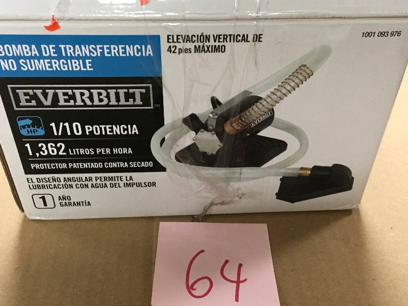 lot 64 image: Everbilt 0.1 HP Non-Submersible Transfer Pump  in good working condition