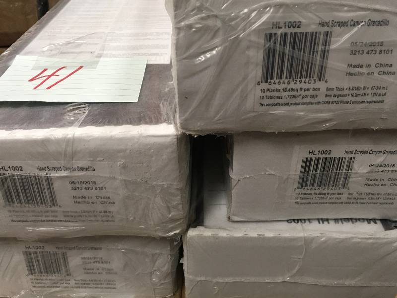lot 41 image: LOT OF 5 CASES Home Decorators Collection Hand Scraped Canyon Grenadillo 8 mm Thick x 5-916 in. Wide x 47-34 in. Length Laminate Flooring (18.45 sq. ft.  case) not used