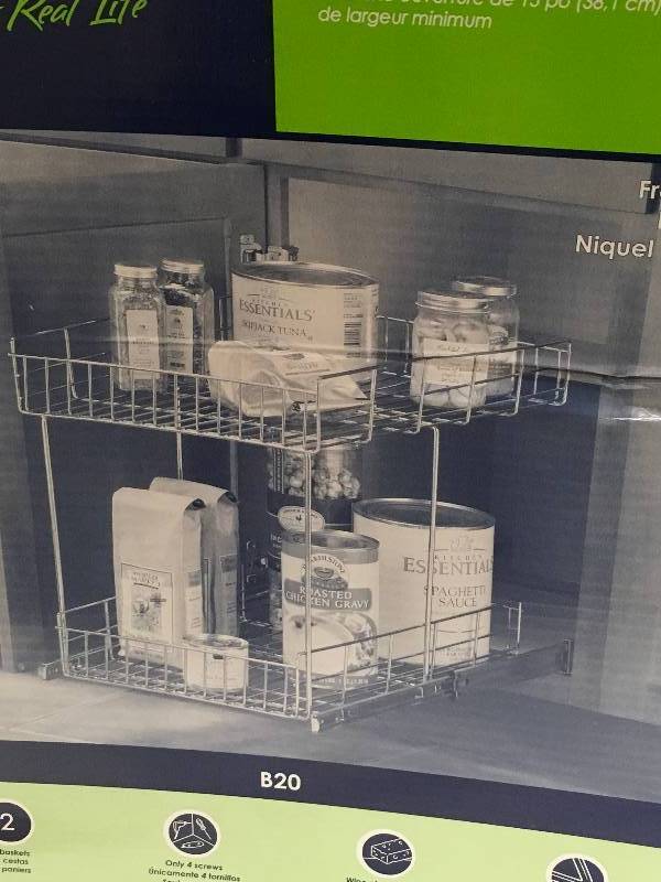 lot 55 image: Real Solutions for Real Life 17 in. H x 15 in. W x 22 in. D Half-Shelf Pull-Out Basket Cabinet Organizer in Silver not used