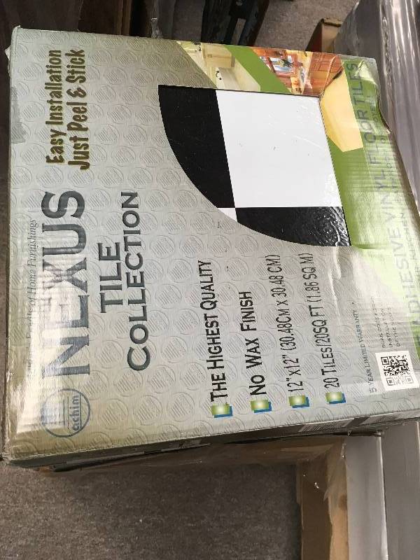 lot 67 image: LOT OF 6 CASES Achim Nexus Black and White 12 in. x 12 in. Peel and Stick Checkered Pattern Vinyl Tile (20 sq. ft.case) not used