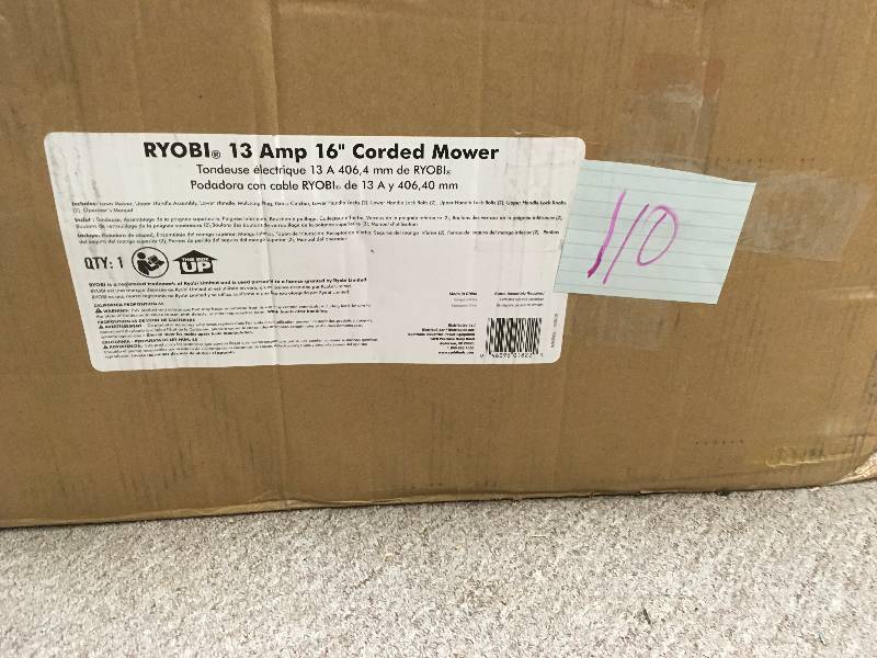 lot 110 image: Ryobi 16 in. 13 Amp Corded Electric Walk Behind Push Mower in like new condition