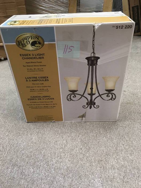 lot 115 image: Hampton Bay Essex 3-Light Aged Black Chandelier with Tea Stained Glass Shades new