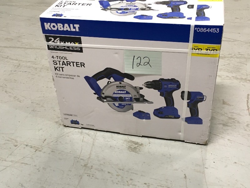lot 122 image: Kobalt 4-Tool 24-Volt Max Lithium Ion Brushless Cordless Combo Kit not used