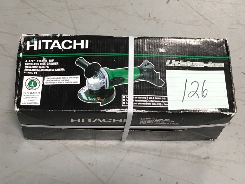lot 126 image: Hitachi G18DSLP4 18V Cordless Lithium-Ion 4-12 in. Angle Grinder new
