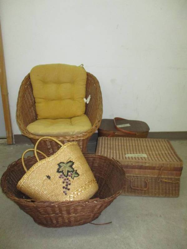 Whicker Chair, 3 baskets and a purse