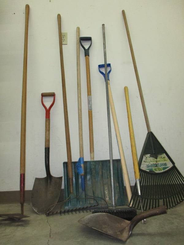 9 Gardening Tools ( shovels, rack, broom )