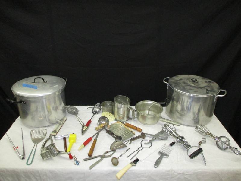 2 Kettles and strainer, misc utensils