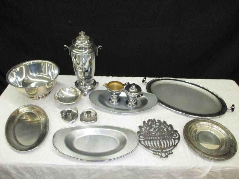 Silver Coffee pot (no cord), misc serving pieces