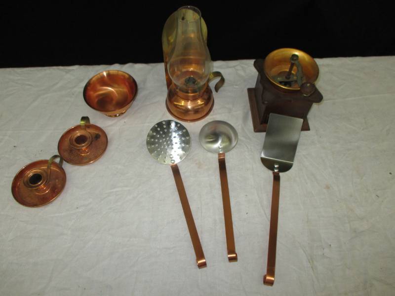 Copper lamp, utinsils, candle holders