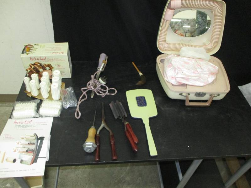 Hair dryer, mirror, old curling irons, roller