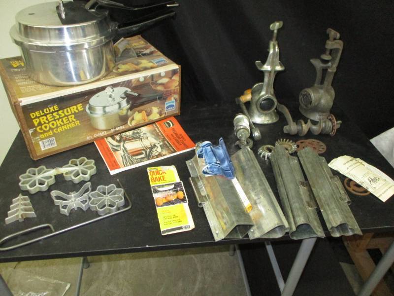 Rosette Irons, pressure cooker, meat grinders, old bread pan, various cooking utensils