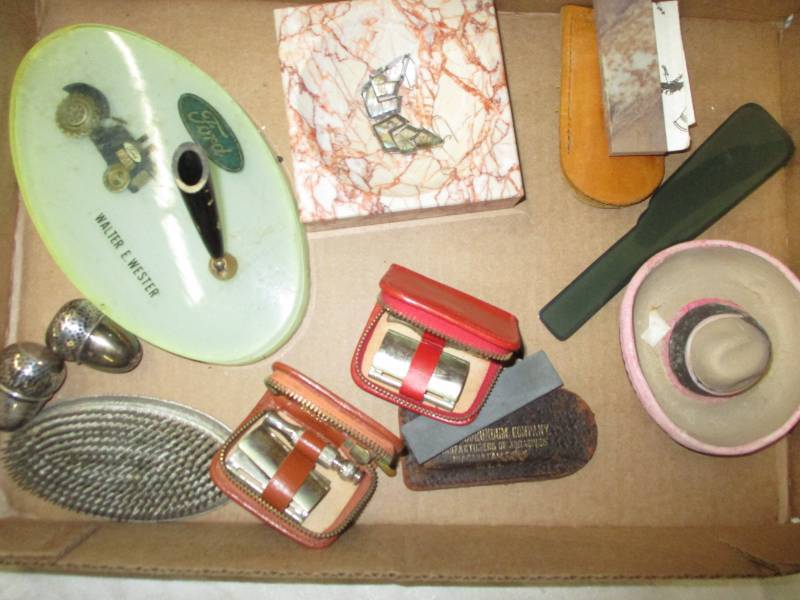 marble Tray, Ford Pen holder, Frog Flower Holder, Salt and pepper, Old razor, Sharpening Stones, Silver Earings