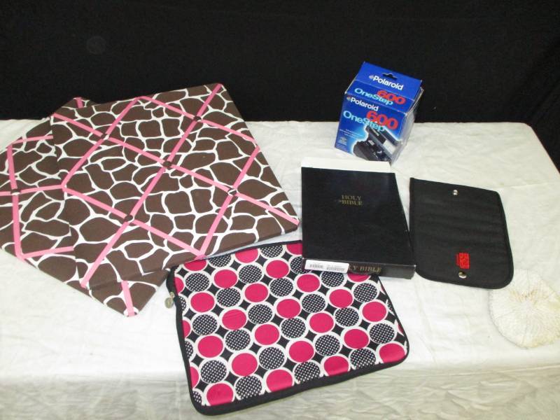 Room Dcor, Laptop case, holy Bible compute disk, polaroid camera, beaded purse