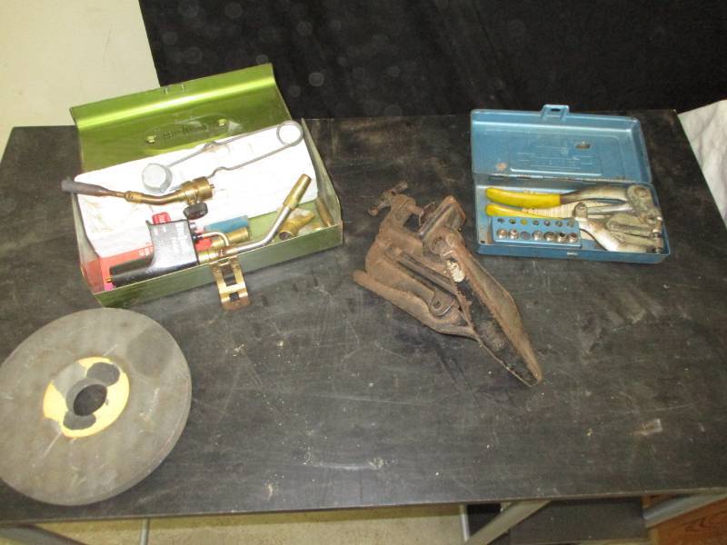 Punch Set and Torch pieces, grinding wheel and vice