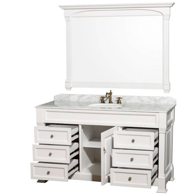 lot 101 image: Wyndham Collection Andover 60 in. Single Vanity in White with Marble Vanity Top in Carrara White with Porcelain Sink