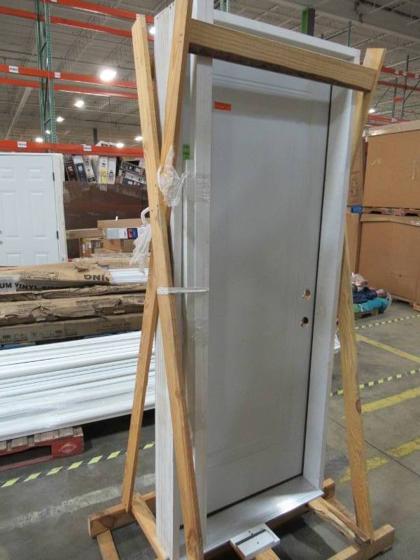 lot 39 image: Steves & Sons 32 in. x 80 in. Premium 1-Panel Primed White Steel Prehung Front Door with 32 in. Left-Hand Inswing and 6 in. Wall