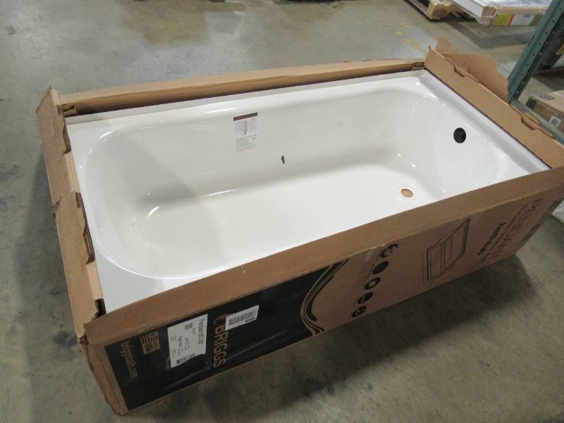 lot 52 image: Briggs Pendant 60-in White Porcelain Enameled Steel Rectangular Right-Hand Drain 255880 - SCRATCHEDCHIPPED ENAMEL