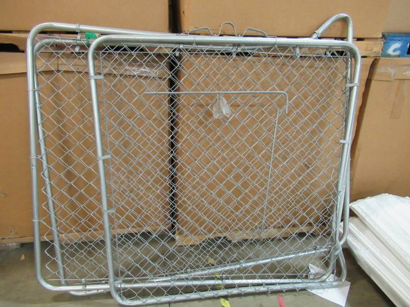 lot 61 image: Yardgard 9-12 ft. W x 5 ft. H Metal Steel Drive-Through Chain Link Fence Gate (3-Panels, 2 ARE BENT & MISSING SCROLL and about 10 longer)