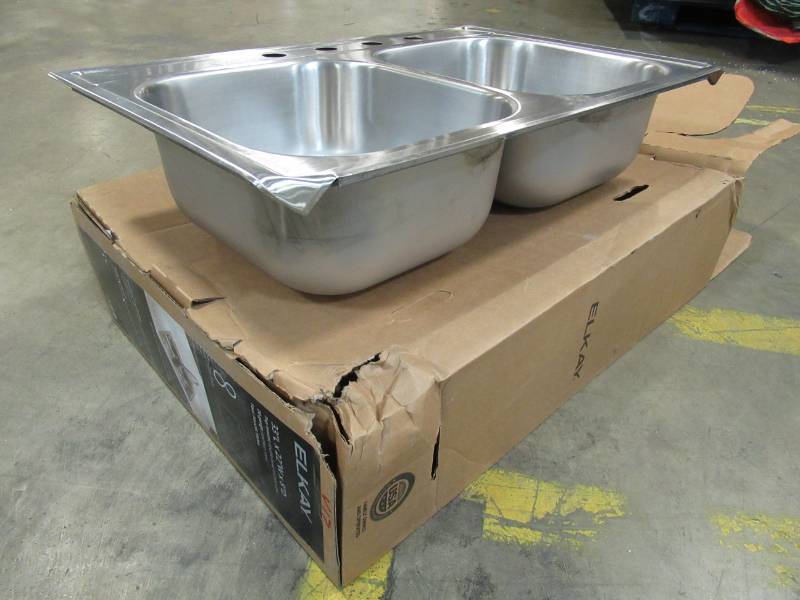 lot 69 image: Elkay 33-in x 22-in x 8-in Satin Double-Basin Stainless Steel Drop-in 4-Hole Residential Kitchen Sink