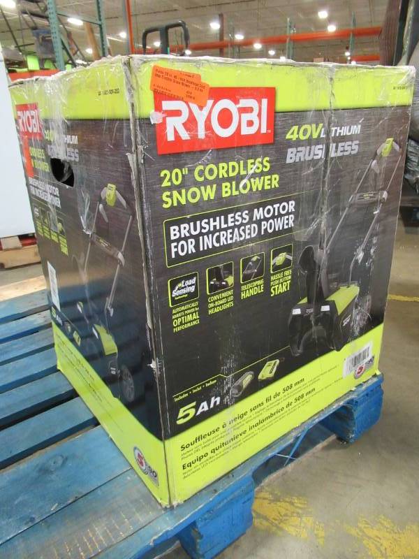 lot 23 image: Ryobi 20 in. 40-Volt Brushless Cordless Electric Snow Blower - 5.0 Ah Battery and Charger Included RY40840