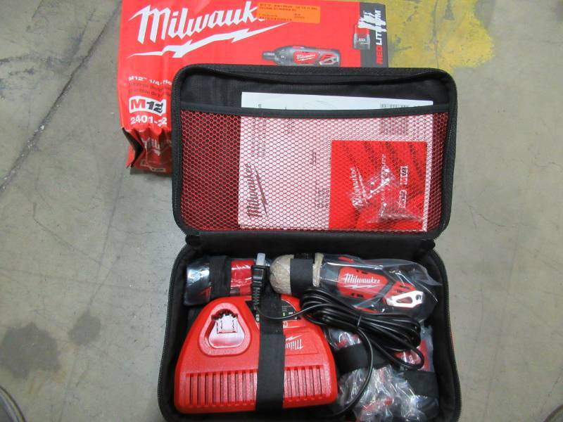 lot 117 image: NEW IN BOX - Milwaukee M12 12-Volt Lithium-Ion 14 in. Hex Cordless Screwdriver Kit, Model 2401-22