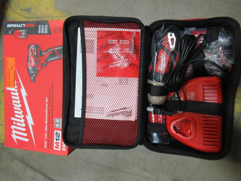 lot 116 image: NEW IN BOX - Milwaukee M12 12-Volt Lithium-Ion 14 in. Hex Cordless Screwdriver Kit, Model 2401-22