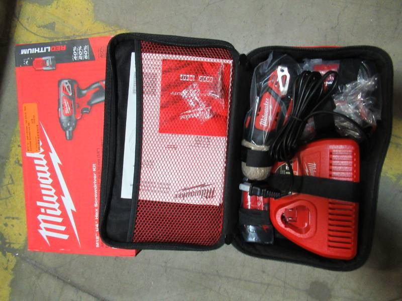 lot 115 image: NEW IN BOX - Milwaukee M12 12-Volt Lithium-Ion 14 in. Hex Cordless Screwdriver Kit, Model 2401-22