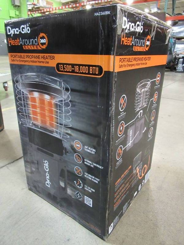 Dyna-Glo 18K BTU HeatAround 360 ELITE Portable Propane Heater in Black  HA2360BK | MN HOME OUTLET AUCTION BURNSVILLE #59 | K-BID