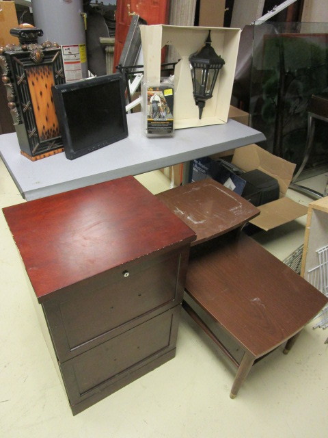 WOOD FILING CABINET, WOOD END TABLE, WOOD COMPOSITE TABLE, LCD SCREEN, SUPPORT BELT, DECORATIVE TABLE PIECE, OUTDOOR LIGHT