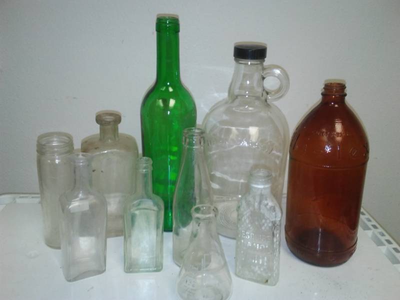 lot 14 image: 10 antique and vintage glass bottles. Hi - Lex, beaker.