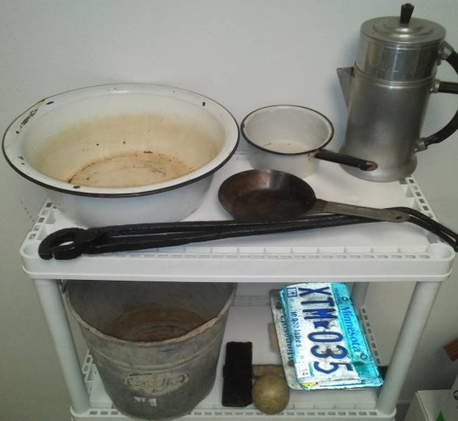 lot 67 image: Cowboy Coffee Pot, enamelware, galvanized pail and more.